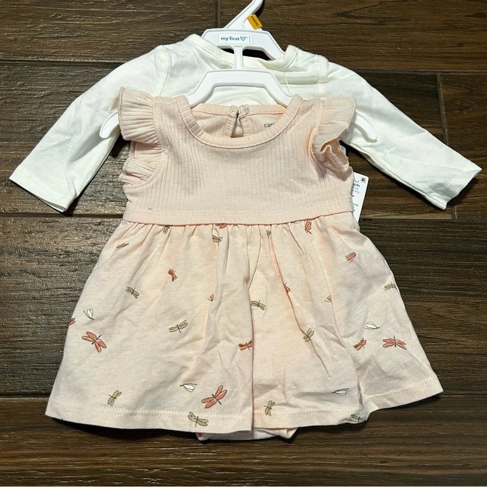 Carter’s Baby 2-Piece Bodysuit Dress & Cardigan Set Newborn Dragonfly Pink White